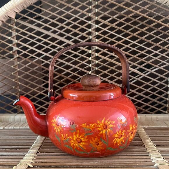 Vintage Enameled Tea Kettle Pot Japan Teak Handle Flower Power Floral AS IS - Picture 2 of 10